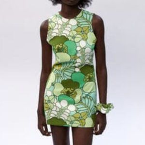 Zara Retro 70s Green Floral Mini Dress W/ Back Cutout Medium